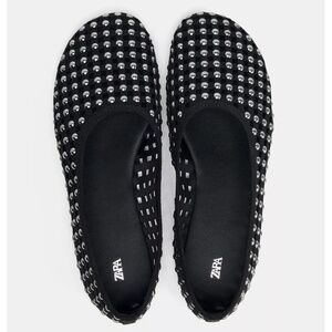 ZARA Studded Mesh Ballerinas Round Toe Black Silver Size EU 40